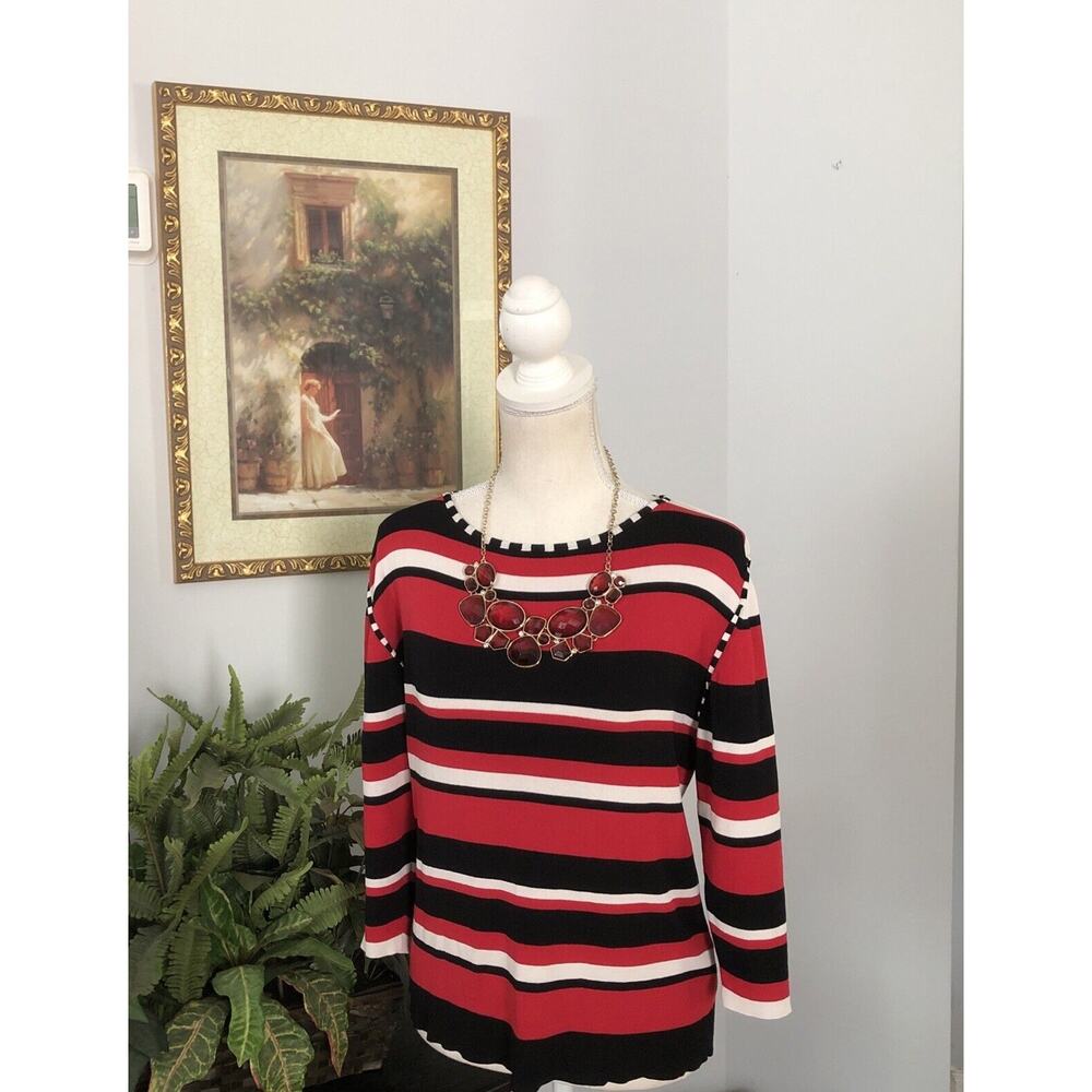 Mary Lay-field Striped Collarless Sleeve Sweater Large 3/4 Sleeves Pullover‎